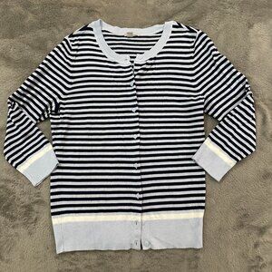 Halogen Sweater Cardigan Button Up MEDIUM Navy Blue Striped Spring Cew Neck